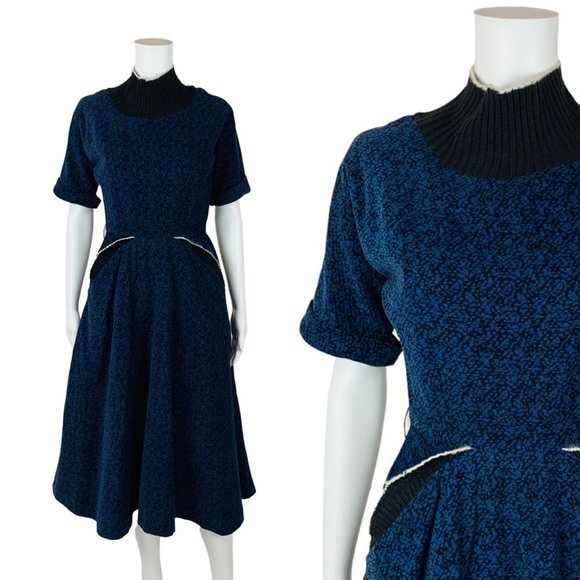 Vintage 1950s Blue Corduroy Dress Speckled Batwing Winter Turtleneck Minx Modes